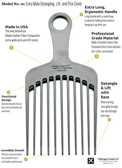 Chicago Comb Model 12 Carbon Fiber Anti-Static Wide-Tooth Pick - XL 7.5 Inches, Made in USA Avelisse