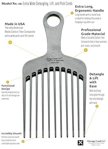 Chicago Comb Model 12 Carbon Fiber Anti-Static Wide-Tooth Pick - XL 7.5 Inches, Made in USA Avelisse