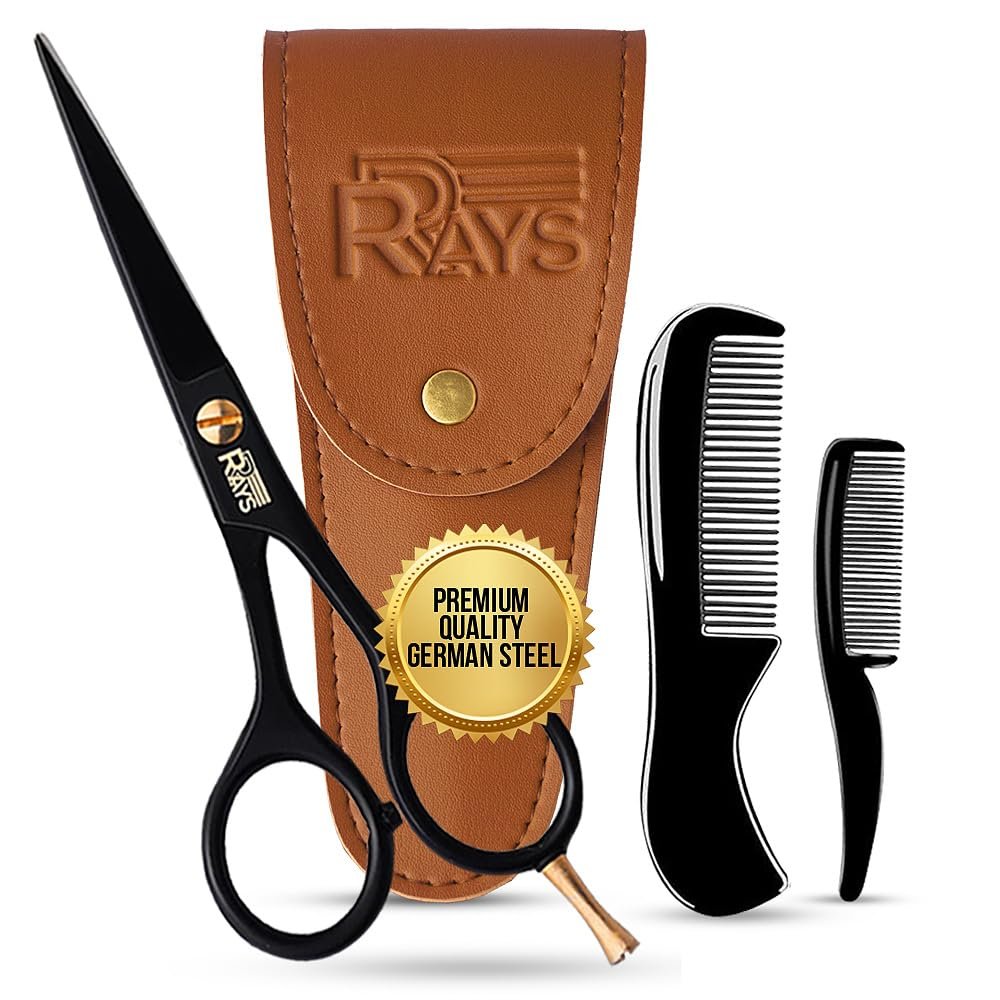 RRAYS 5'' Beard Scissors for Men – German Mustache Scissors with Beard & Mustache Comb – Professional Facial Hair Trimming Kit with Travel Pouch - görsel 1