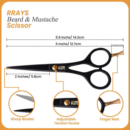 RRAYS 5'' Beard Scissors for Men – German Mustache Scissors with Beard & Mustache Comb – Professional Facial Hair Trimming Kit with Travel Pouch
