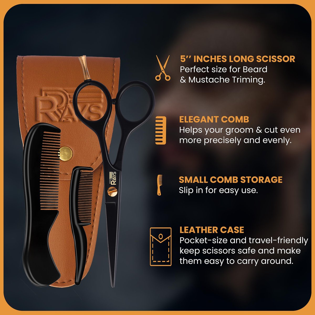 RRAYS 5'' Beard Scissors for Men – German Mustache Scissors with Beard & Mustache Comb – Professional Facial Hair Trimming Kit with Travel Pouch - görsel 3