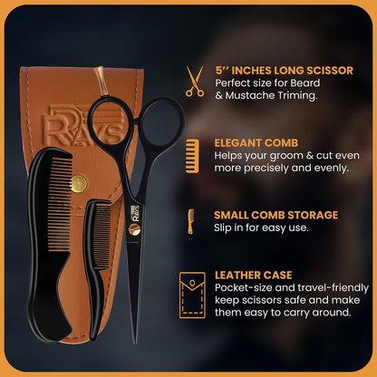 RRAYS 5'' Beard Scissors for Men – German Mustache Scissors with Beard & Mustache Comb – Professional Facial Hair Trimming Kit with Travel Pouch