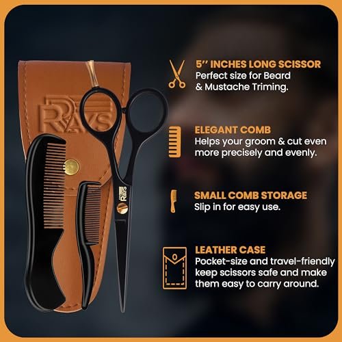 RRAYS 5'' Beard Scissors for Men – German Mustache Scissors with Beard & Mustache Comb – Professional Facial Hair Trimming Kit with Travel Pouch - görsel 4
