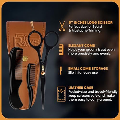 RRAYS 5'' Beard Scissors for Men – German Mustache Scissors with Beard & Mustache Comb – Professional Facial Hair Trimming Kit with Travel Pouch