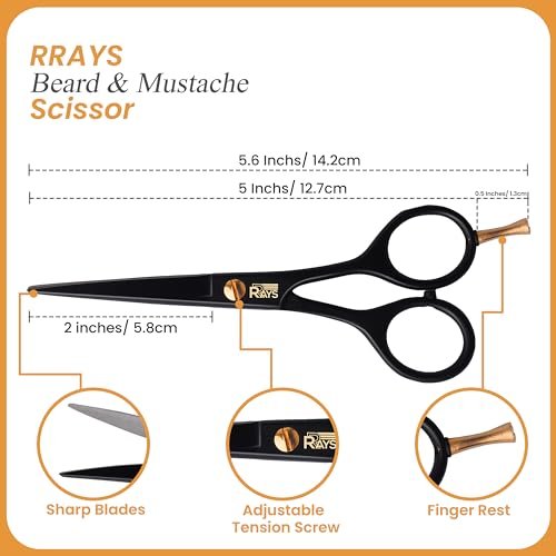 RRAYS 5'' Beard Scissors for Men – German Mustache Scissors with Beard & Mustache Comb – Professional Facial Hair Trimming Kit with Travel Pouch - görsel 8