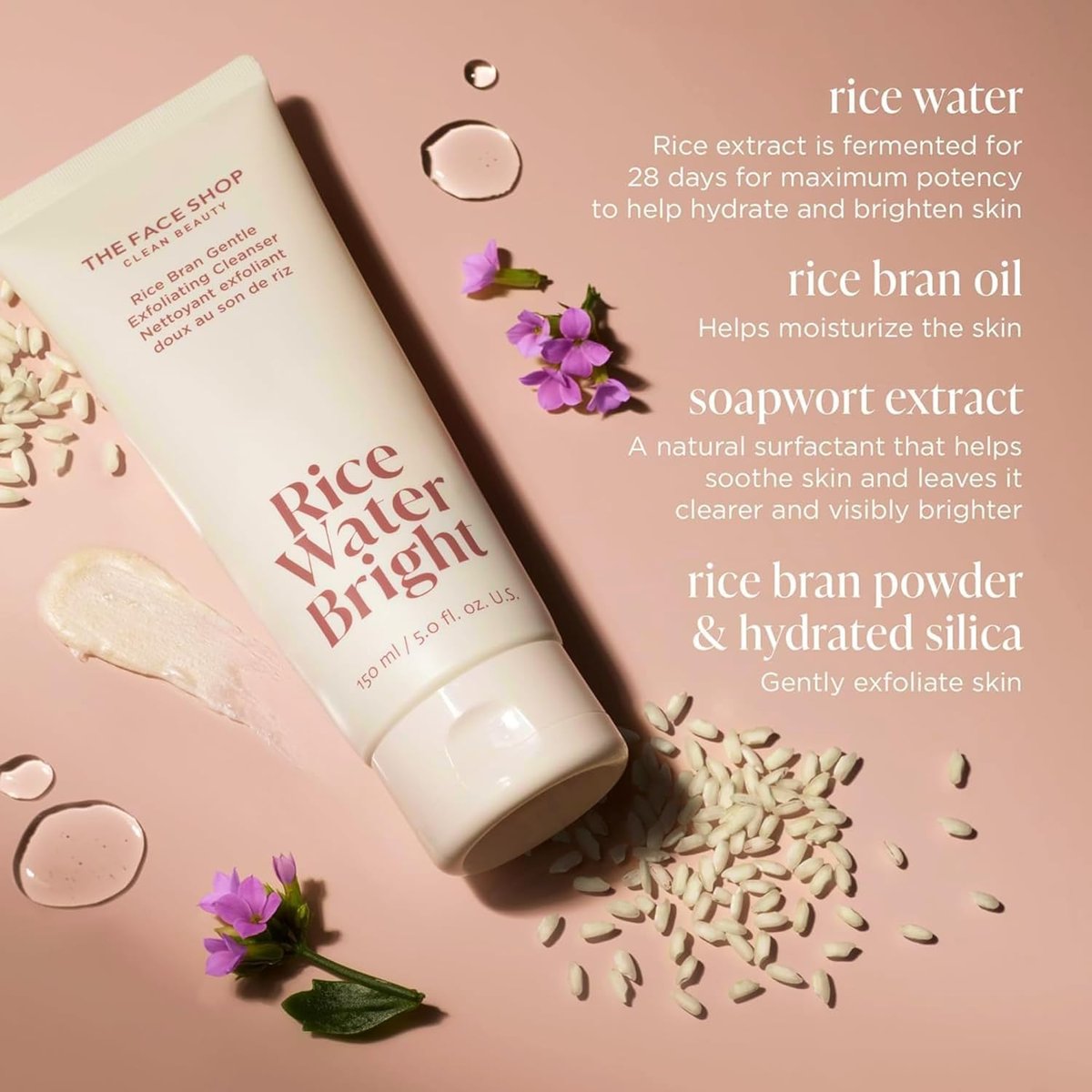 The Face Shop Rice Water Bright Rice Bran Gentle Exfoliating Cleanser - Hydrating, Moisturizing & Brightening Face Wash - Vegan Exfoliating Face Scrub - Korean Skin Care Avelisse