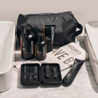 MANSCAPED The Premier Package 5.0 Ultra - Complete Men's Grooming Kit with Lawn Mower 5.0 Ultra Trimmer, Shears 3.0, Crop Preserver, Refined Body Wash, Crop Soother & Shed 2.0 Avelisse