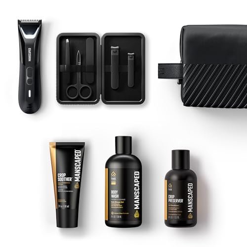 MANSCAPED The Premier Package 5.0 Ultra - Complete Men's Grooming Kit with Lawn Mower 5.0 Ultra Trimmer, Shears 3.0, Crop Preserver, Refined Body Wash, Crop Soother & Shed 2.0 Avelisse