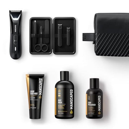 MANSCAPED The Premier Package 5.0 Ultra - Complete Men's Grooming Kit with Lawn Mower 5.0 Ultra Trimmer, Shears 3.0, Crop Preserver, Refined Body Wash, Crop Soother & Shed 2.0 Avelisse