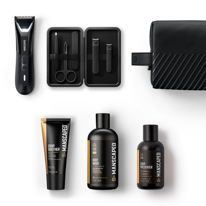 MANSCAPED The Premier Package 5.0 Ultra - Complete Men's Grooming Kit with Lawn Mower 5.0 Ultra Trimmer, Shears 3.0, Crop Preserver, Refined Body Wash, Crop Soother & Shed 2.0 Avelisse