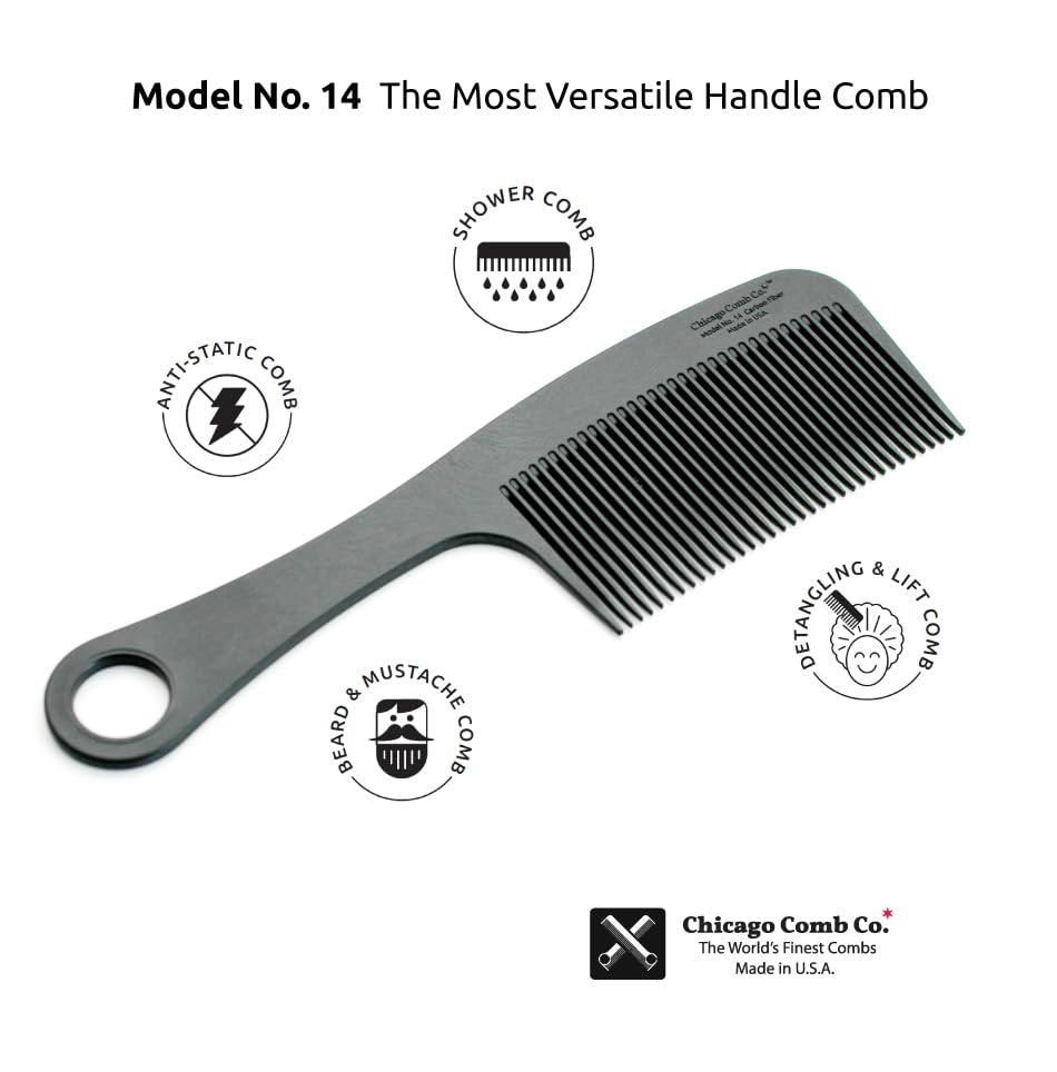Chicago Comb Model 14 Carbon Fiber Comb - Anti-Static Detangling & Styling Comb for Men and Women, Made in USA, 8.4 Inches Avelisse