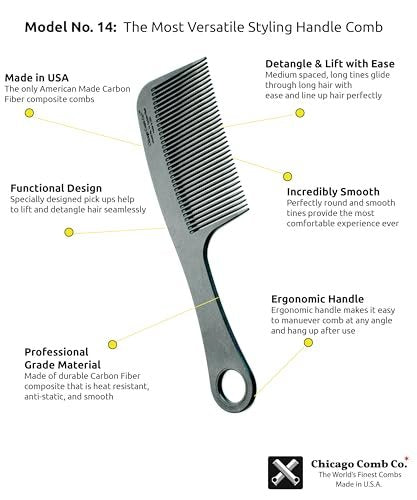 Chicago Comb Model 14 Carbon Fiber Comb - Anti-Static Detangling & Styling Comb for Men and Women, Made in USA, 8.4 Inches Avelisse