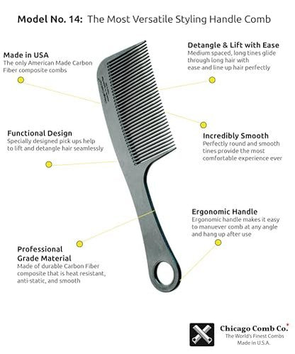 Chicago Comb Model 14 Carbon Fiber Comb - Anti-Static Detangling & Styling Comb for Men and Women, Made in USA, 8.4 Inches Avelisse