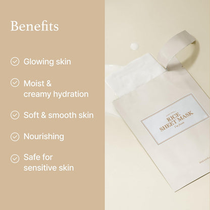 I'm from Rice Sheet Mask Pack of 5 - Korean Face Mask for Dry & Combination Skin, Milky Hydration, Vegan & Biodegradable Avelisse