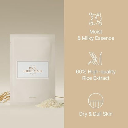 I'm from Rice Sheet Mask Pack of 5 - Korean Face Mask for Dry & Combination Skin, Milky Hydration, Vegan & Biodegradable Avelisse