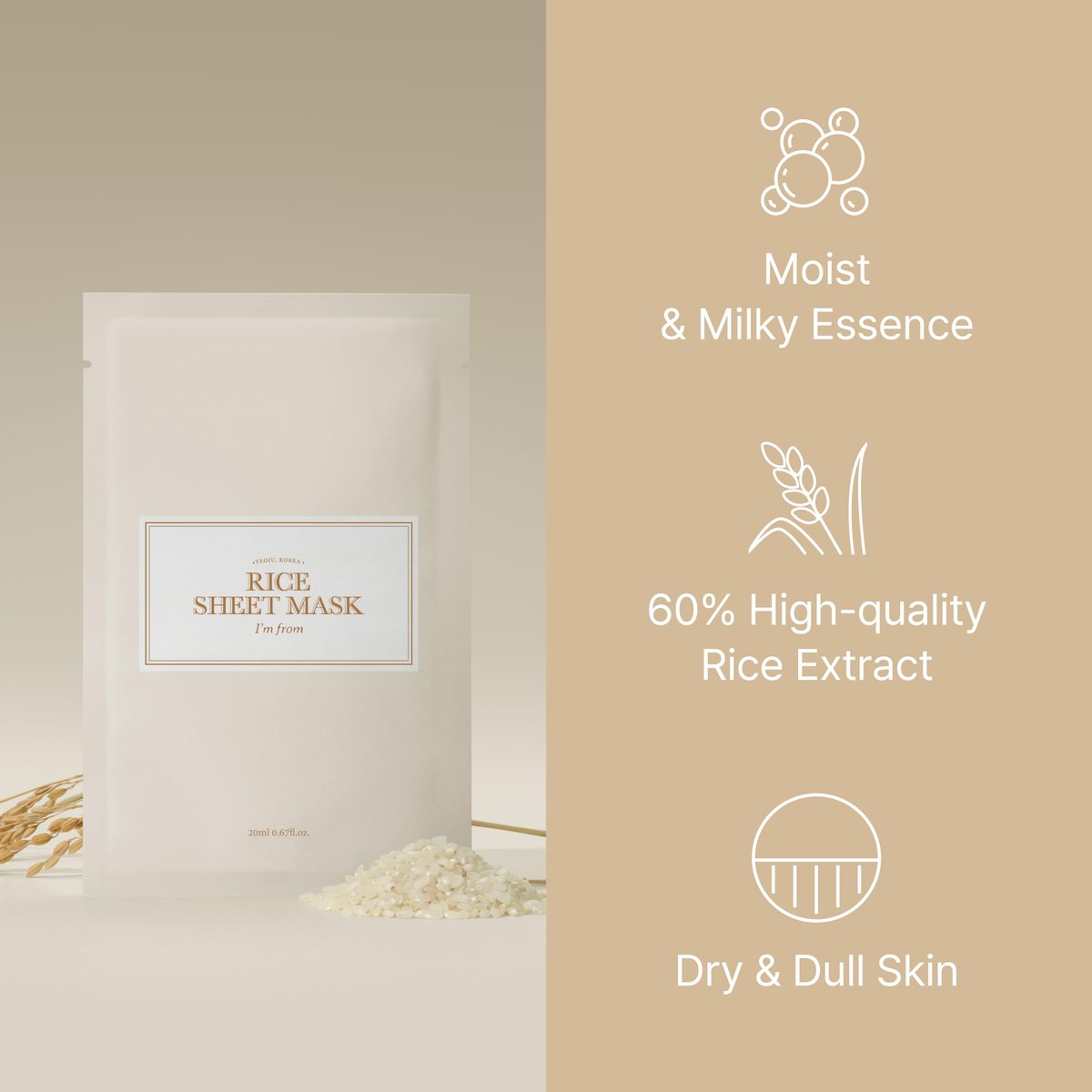 I'm from Rice Sheet Mask Pack of 5 - Korean Face Mask for Dry & Combination Skin, Milky Hydration, Vegan & Biodegradable Avelisse