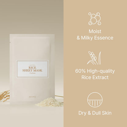 I'm from Rice Sheet Mask Pack of 5 - Korean Face Mask for Dry & Combination Skin, Milky Hydration, Vegan & Biodegradable Avelisse
