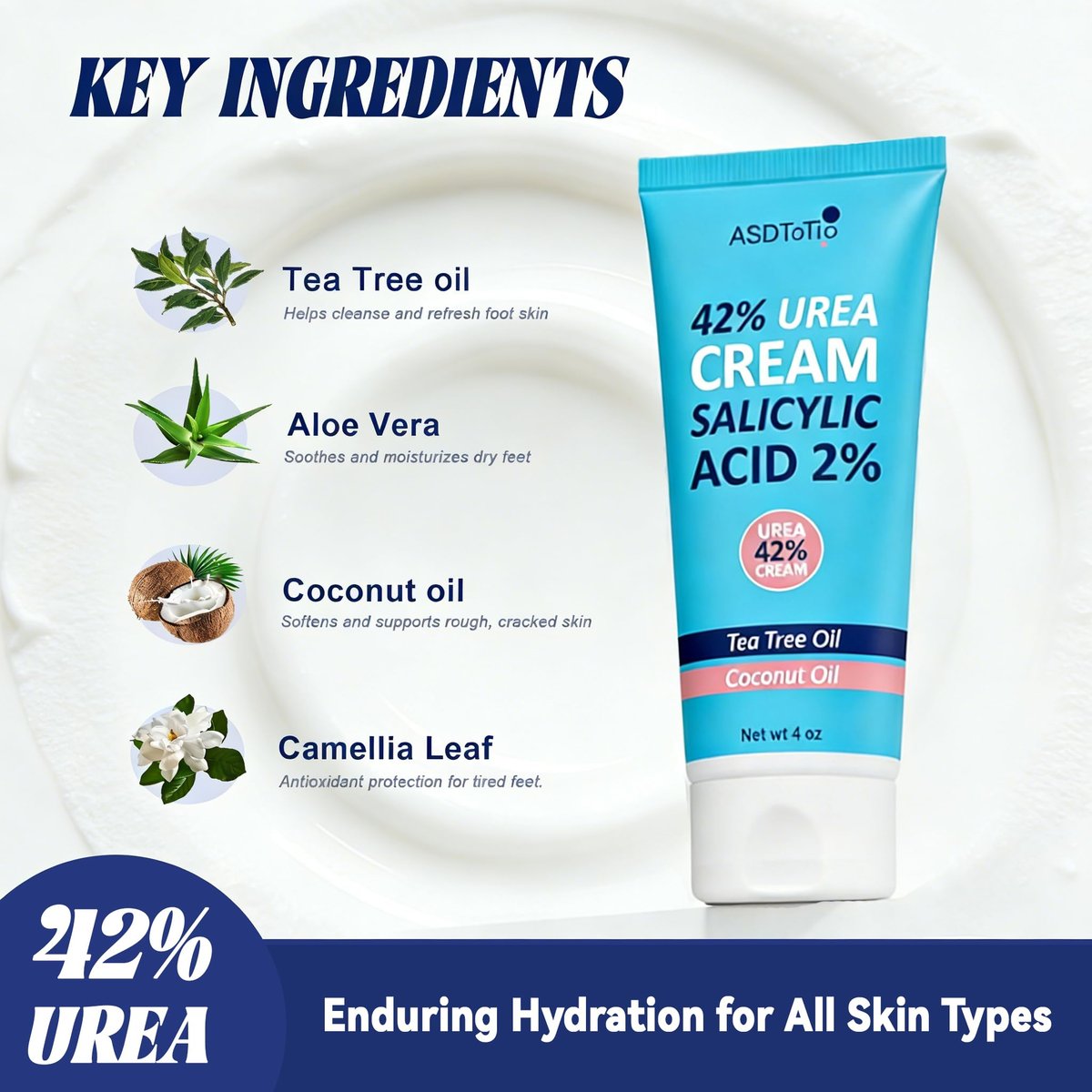 ASDToTio Urea Cream 42% - Intensive Foot Care for Dry Cracked Heels with 2% Salicylic Acid, Tea Tree Oil, Shea Butter & Aloe Vera - 4 oz - görsel 4