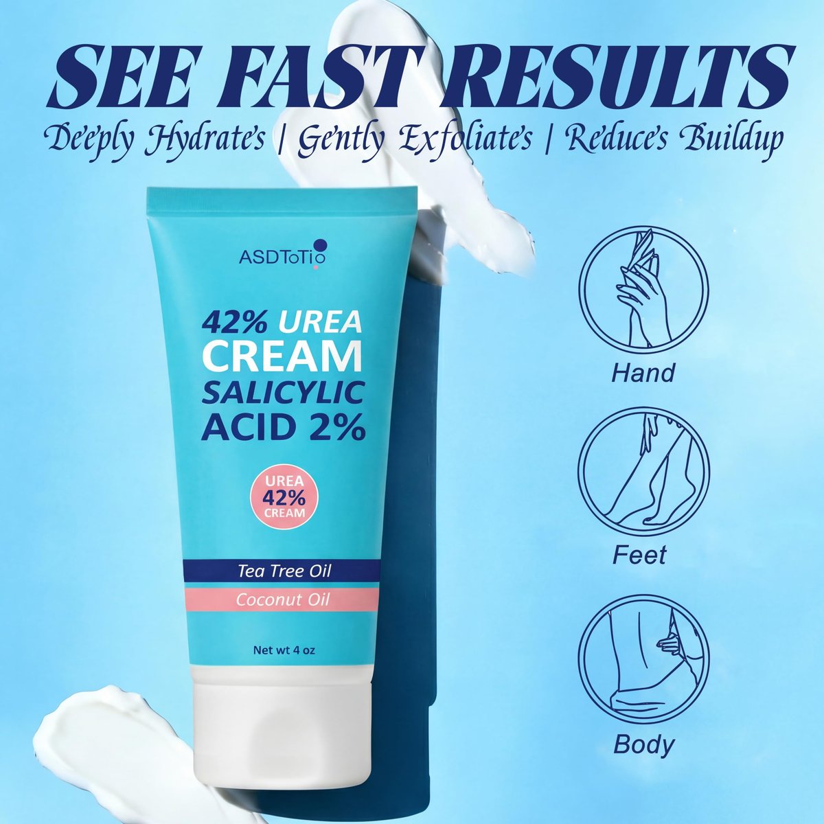 ASDToTio Urea Cream 42% - Intensive Foot Care for Dry Cracked Heels with 2% Salicylic Acid, Tea Tree Oil, Shea Butter & Aloe Vera - 4 oz - görsel 6