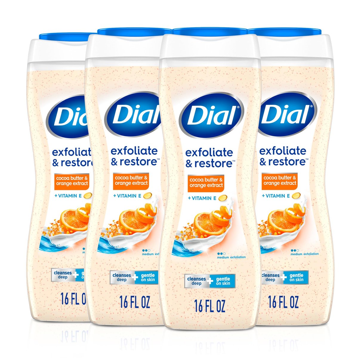 Dial Exfoliate & Restore Cocoa Butter & Orange Extract Body Wash, 16 Fl Oz (Pack of 4), with Vitamin E, Gentle, Dermatologist-Tested, No Parabens & Sulfates - görsel 1