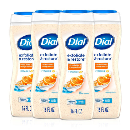 Dial Exfoliate & Restore Cocoa Butter & Orange Extract Body Wash, 16 Fl Oz (Pack of 4), with Vitamin E, Gentle, Dermatologist-Tested, No Parabens & Sulfates