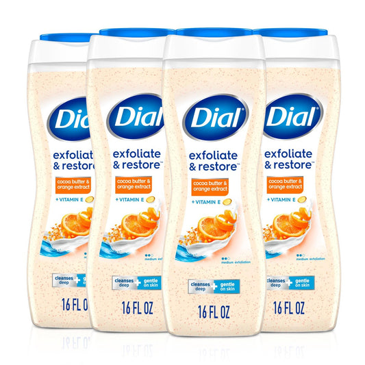 Dial Exfoliate & Restore Cocoa Butter & Orange Extract Body Wash, 16 Fl Oz (Pack of 4), with Vitamin E, Gentle, Dermatologist-Tested, No Parabens & Sulfates