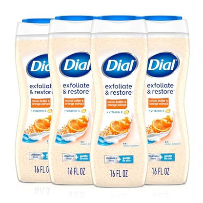 Dial Exfoliate & Restore Cocoa Butter & Orange Extract Body Wash, 16 Fl Oz (Pack of 4), with Vitamin E, Gentle, Dermatologist-Tested, No Parabens & Sulfates