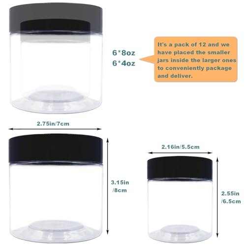 8 oz and 4 oz Plastic Jars with Lids - 12-Pack Clear Cosmetic Jars for Body Butter, Bath Salt, Slime, and Beauty Products Avelisse