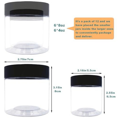 8 oz and 4 oz Plastic Jars with Lids - 12-Pack Clear Cosmetic Jars for Body Butter, Bath Salt, Slime, and Beauty Products Avelisse