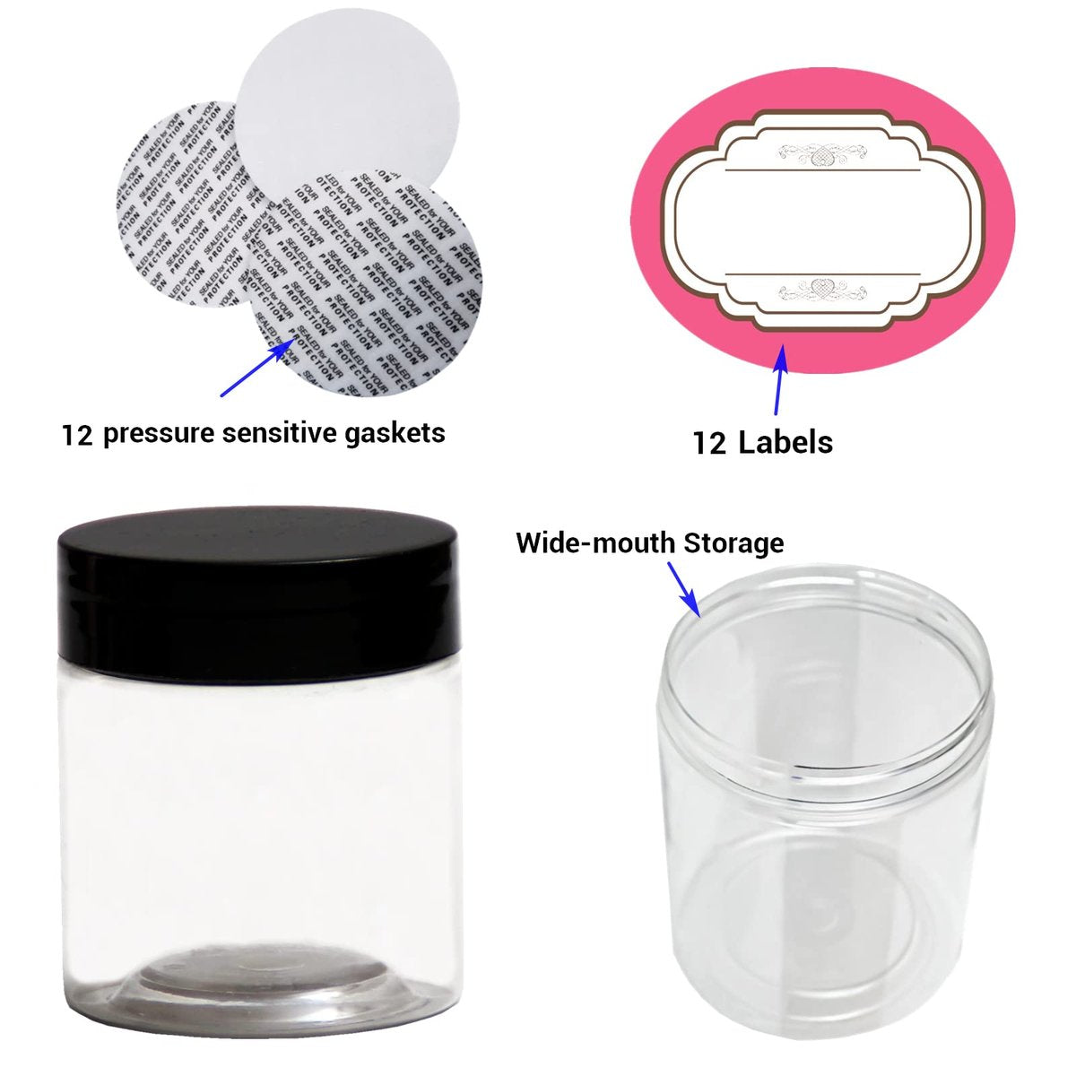 8 oz and 4 oz Plastic Jars with Lids - 12-Pack Clear Cosmetic Jars for Body Butter, Bath Salt, Slime, and Beauty Products Avelisse