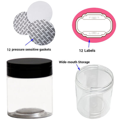 8 oz and 4 oz Plastic Jars with Lids - 12-Pack Clear Cosmetic Jars for Body Butter, Bath Salt, Slime, and Beauty Products Avelisse