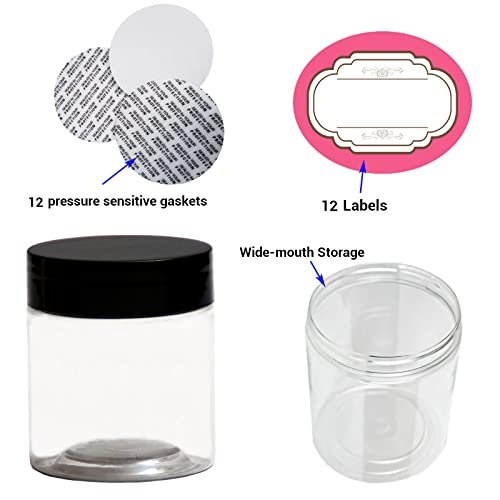 8 oz and 4 oz Plastic Jars with Lids - 12-Pack Clear Cosmetic Jars for Body Butter, Bath Salt, Slime, and Beauty Products Avelisse