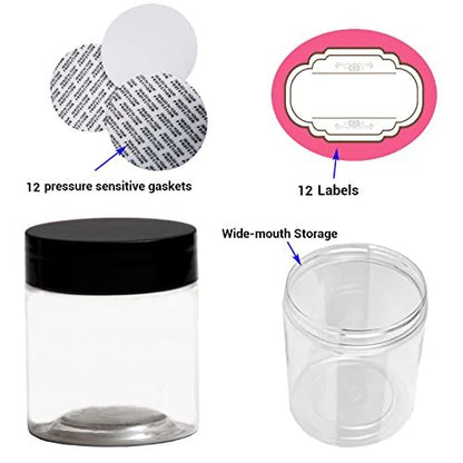 8 oz and 4 oz Plastic Jars with Lids - 12-Pack Clear Cosmetic Jars for Body Butter, Bath Salt, Slime, and Beauty Products Avelisse