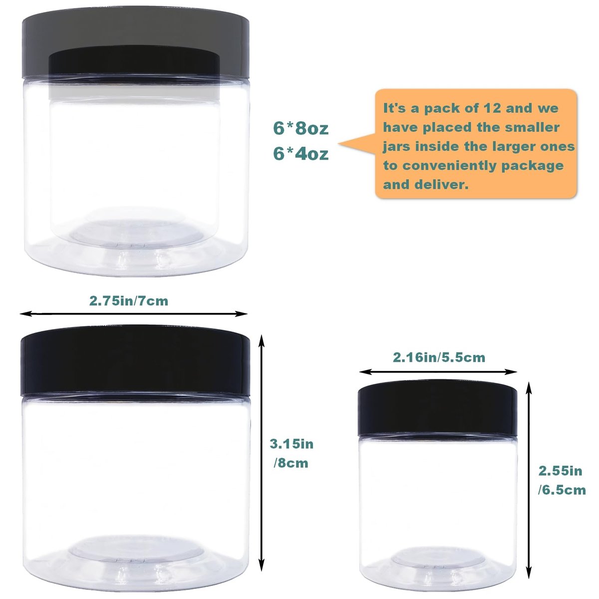 8 oz and 4 oz Plastic Jars with Lids - 12-Pack Clear Cosmetic Jars for Body Butter, Bath Salt, Slime, and Beauty Products Avelisse