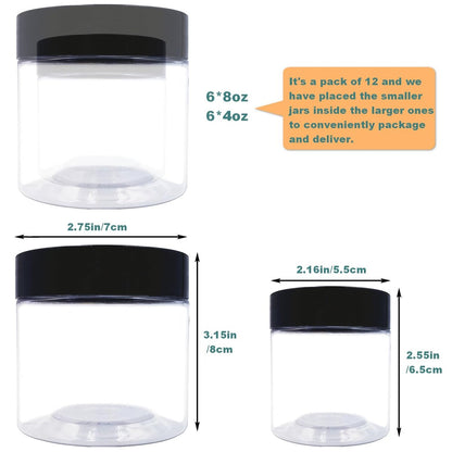 8 oz and 4 oz Plastic Jars with Lids - 12-Pack Clear Cosmetic Jars for Body Butter, Bath Salt, Slime, and Beauty Products Avelisse