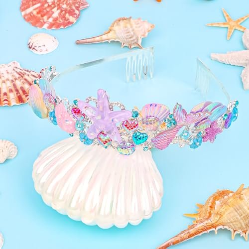 CAVETEE Mermaid Birthday Crown - Pink Rhinestone Tiara for Women, Mermaid Party Favor Hair Accessory Avelisse