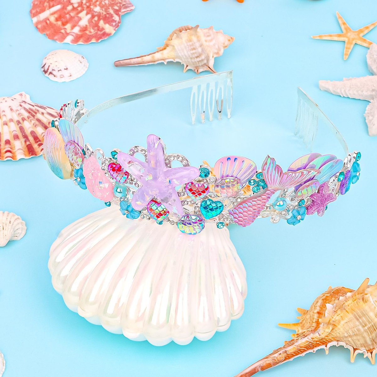 CAVETEE Mermaid Birthday Crown - Pink Rhinestone Tiara for Women, Mermaid Party Favor Hair Accessory Avelisse