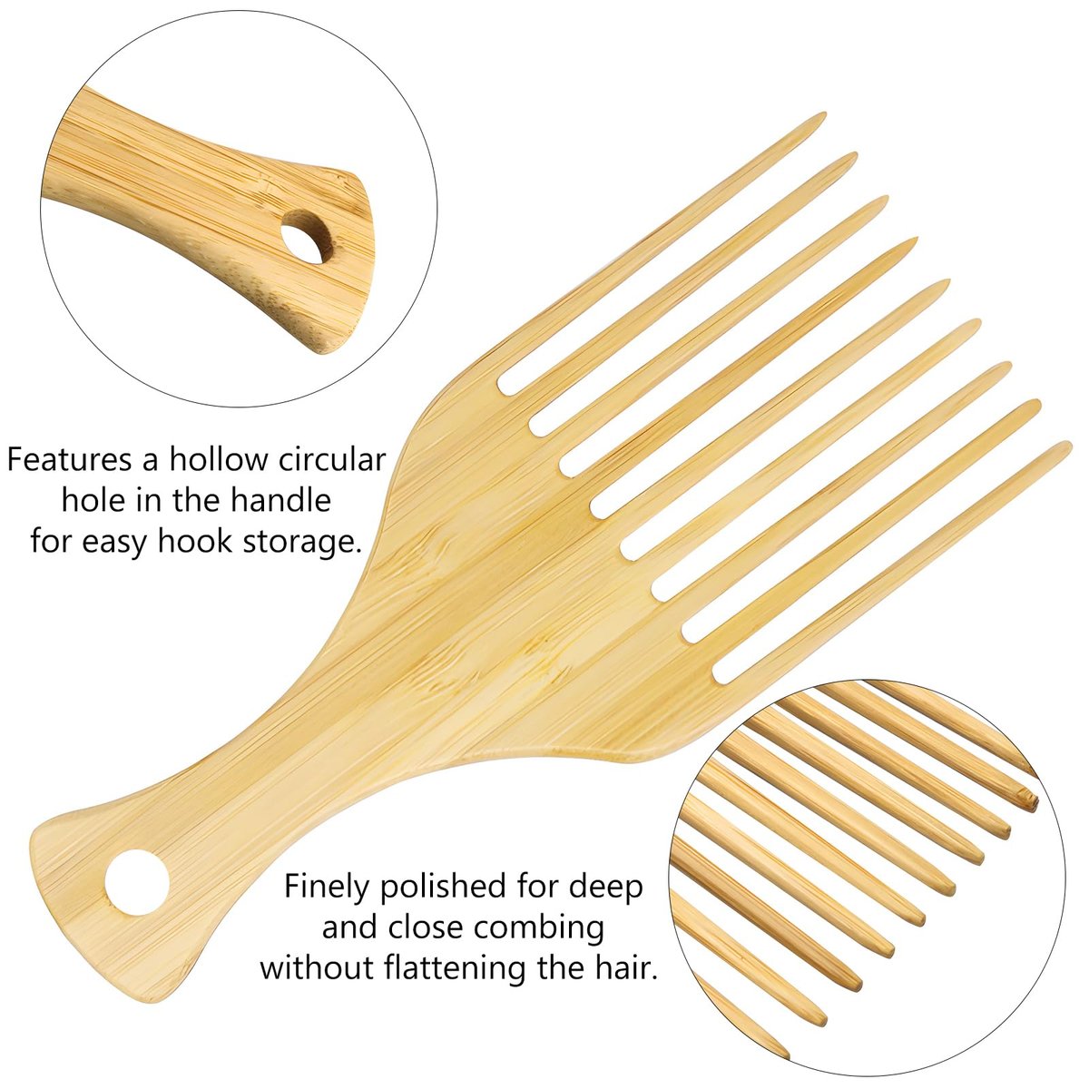 2-Piece Bamboo Comb Set for Afro Hair: Natural Anti-Static Picks for Curly, Thick Hair, Eco-Friendly Styling and Detangling Solution for Men and Women - görsel 7