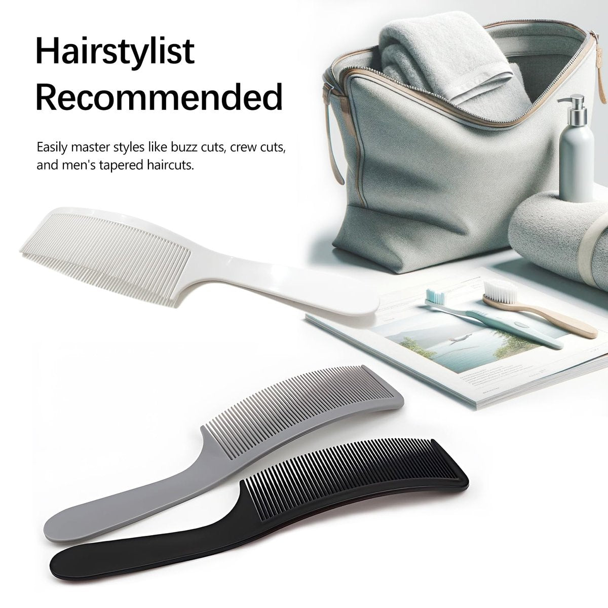 3-Piece Curved Barber Clipper Comb Set - Black, White, Grey - Ergonomic Flat Top Design for Professional Haircuts Avelisse