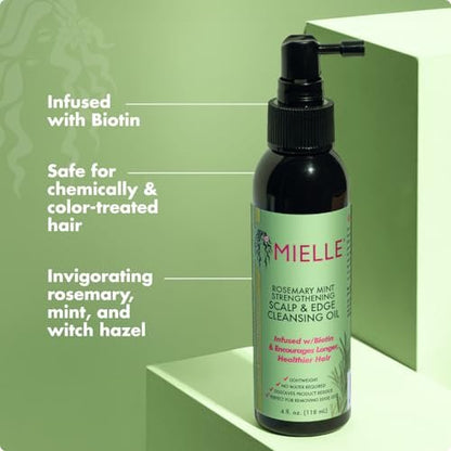 Mielle Organics Rosemary & Mint Scalp & Edge Cleansing Hair Oil - No-Rinse Scalp Cleanser for Product Build Up, Prolongs Hairstyles Between Wash Days & Encourages Longer, Healthier Hair (4 Oz)