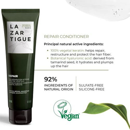 Lazartigue Repair Conditioner with Vegetal Keratin & Hyaluronic Acid – Restorative Care for Damaged Hair, Vegan, Sulfate & Silicone Free (5.2 Fl Oz)