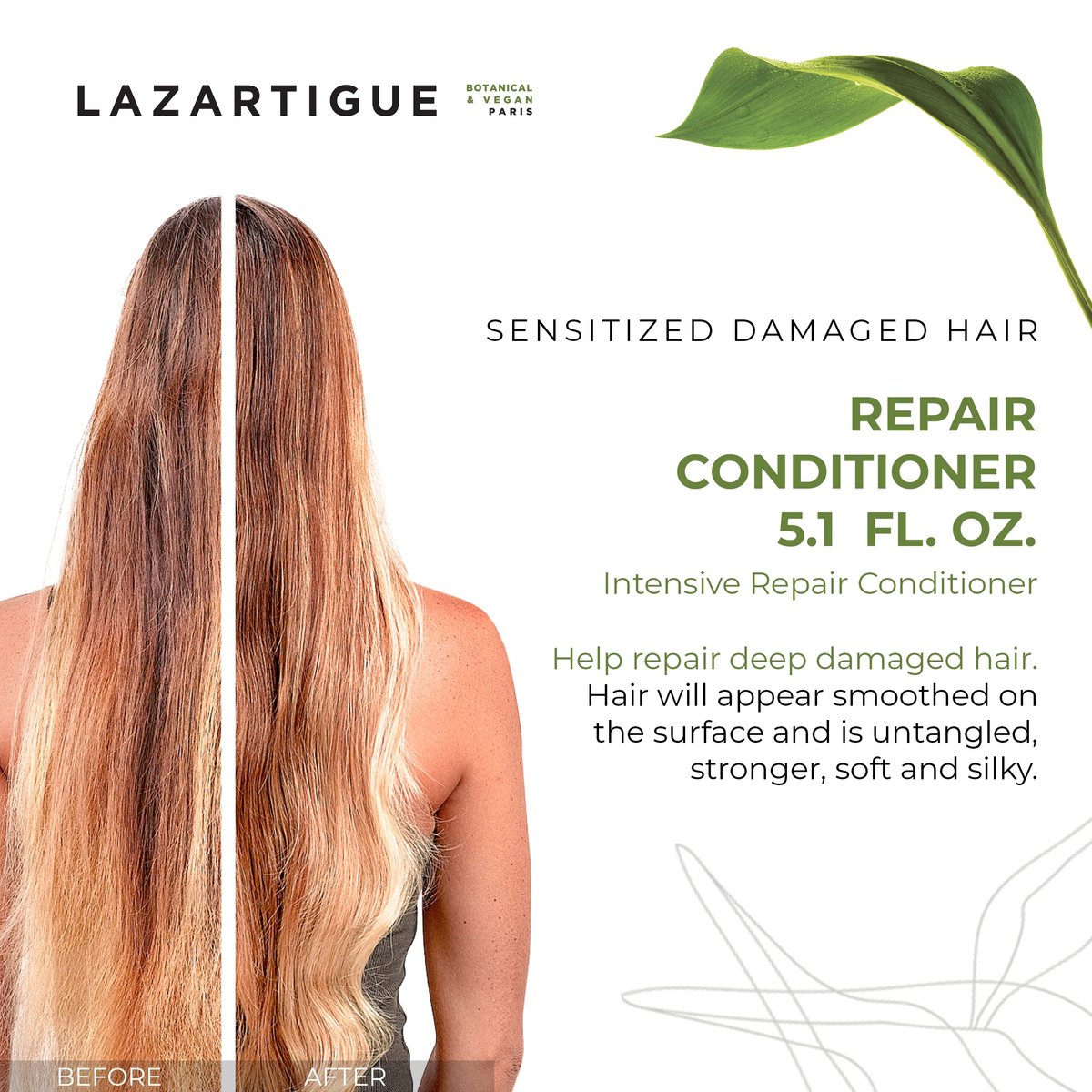 Lazartigue Repair Conditioner with Vegetal Keratin & Hyaluronic Acid – Restorative Care for Damaged Hair, Vegan, Sulfate & Silicone Free (5.2 Fl Oz) - görsel 3