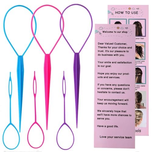Aigee 6-Piece Topsy Tail & Hair Loop Styling Tool Set – Ponytail Makers & French Braid Loops for Women and Girls (Pink, Blue, Purple)