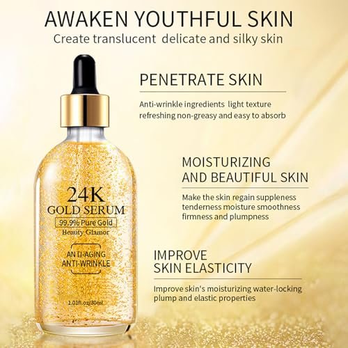 24K Gold Serum for Face, 2-Pack: Anti-Aging Moisturizer with Vitamin C, Collagen Booster & Hyaluronic Acid for Dark Spots & Fine Lines, 2.02 fl oz - görsel 4