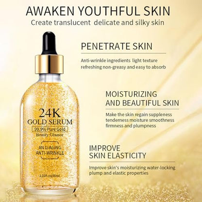 24K Gold Serum for Face, 2-Pack: Anti-Aging Moisturizer with Vitamin C, Collagen Booster & Hyaluronic Acid for Dark Spots & Fine Lines, 2.02 fl oz