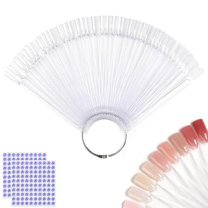 50Pcs Clear Fan Shape Nail Color Swatches Sticks with Ring - Transparent Acrylic Nail Art Polish Display Tips for Manicure Practice