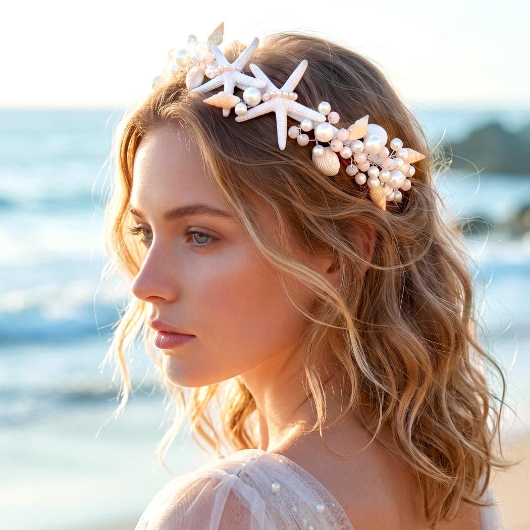 Brishow Mermaid Headband for Women - Silver Starfish Seashell Crown Beach Ocean Outfit Tiara Headpiece Avelisse