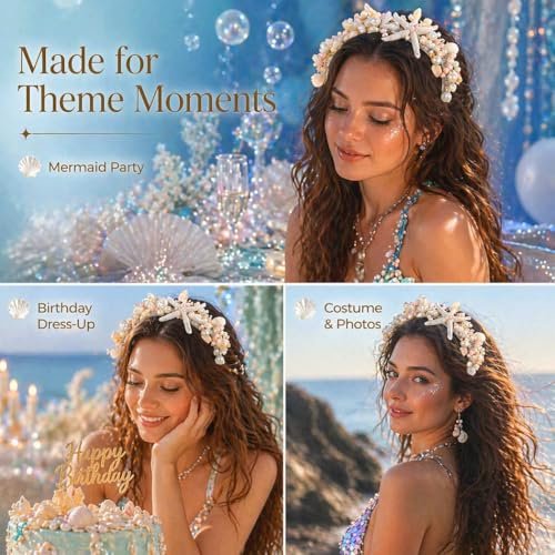 Brishow Mermaid Headband for Women - Silver Starfish Seashell Crown Beach Ocean Outfit Tiara Headpiece Avelisse