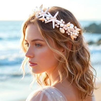 Brishow Mermaid Headband for Women - Silver Starfish Seashell Crown Beach Ocean Outfit Tiara Headpiece Avelisse
