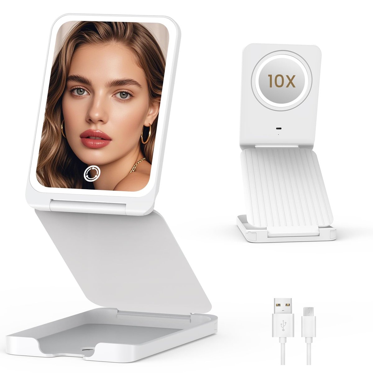 LAMPICK Travel Makeup Mirror with Lights, Foldable 1X Vanity Lighted Mirror with 10X Magnification, Rechargeable 1500mAh Battery, Dimmable Touch Screen, Freely Adjust Height and Angle Avelisse